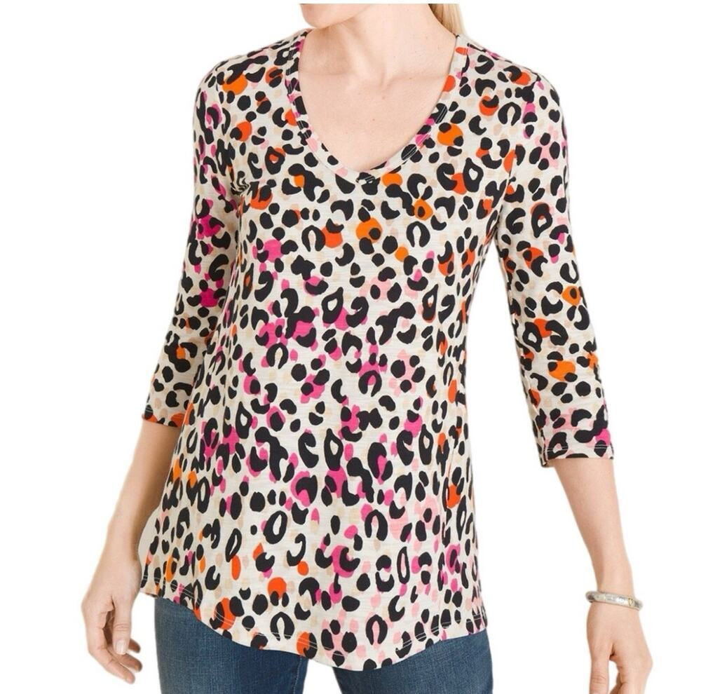 Chico's Cotton Slub Cheetah Top Size 3 (Womens XL) Multicolor Animal Print Tee